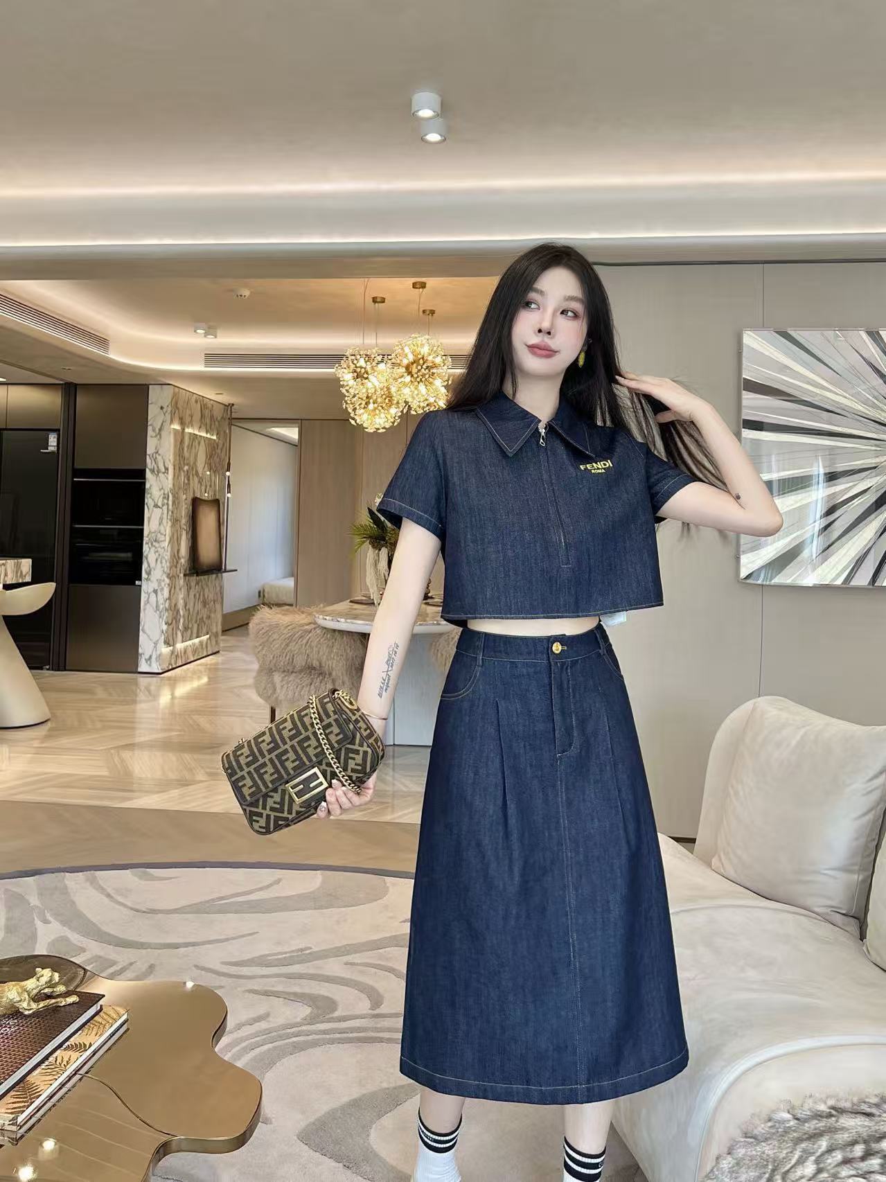 FEND1高品質デニムシャツ＆スカート 2点セット【50％割引+送料無料】