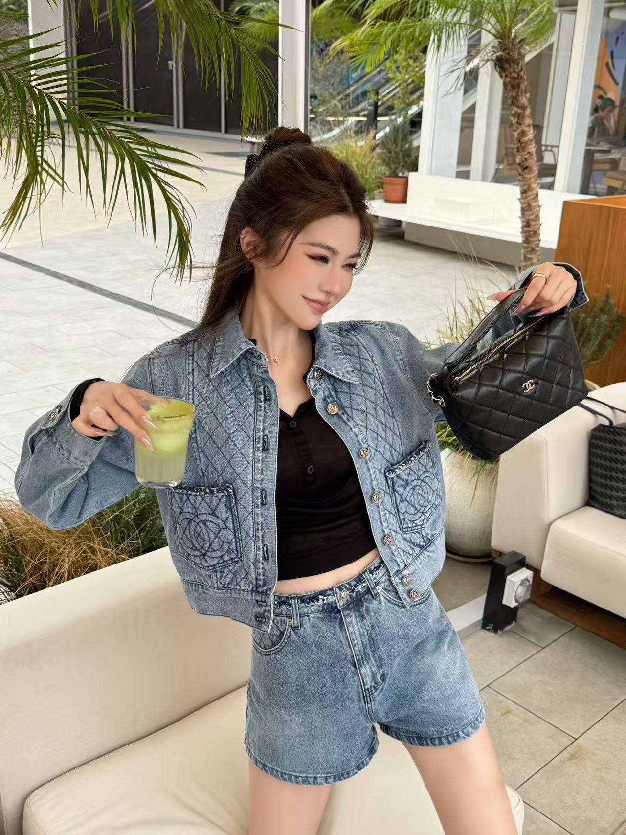 CHANE1 ダブルC デニムショーツ＋ジャケット ツーピースセット【50％割引+送料無料】