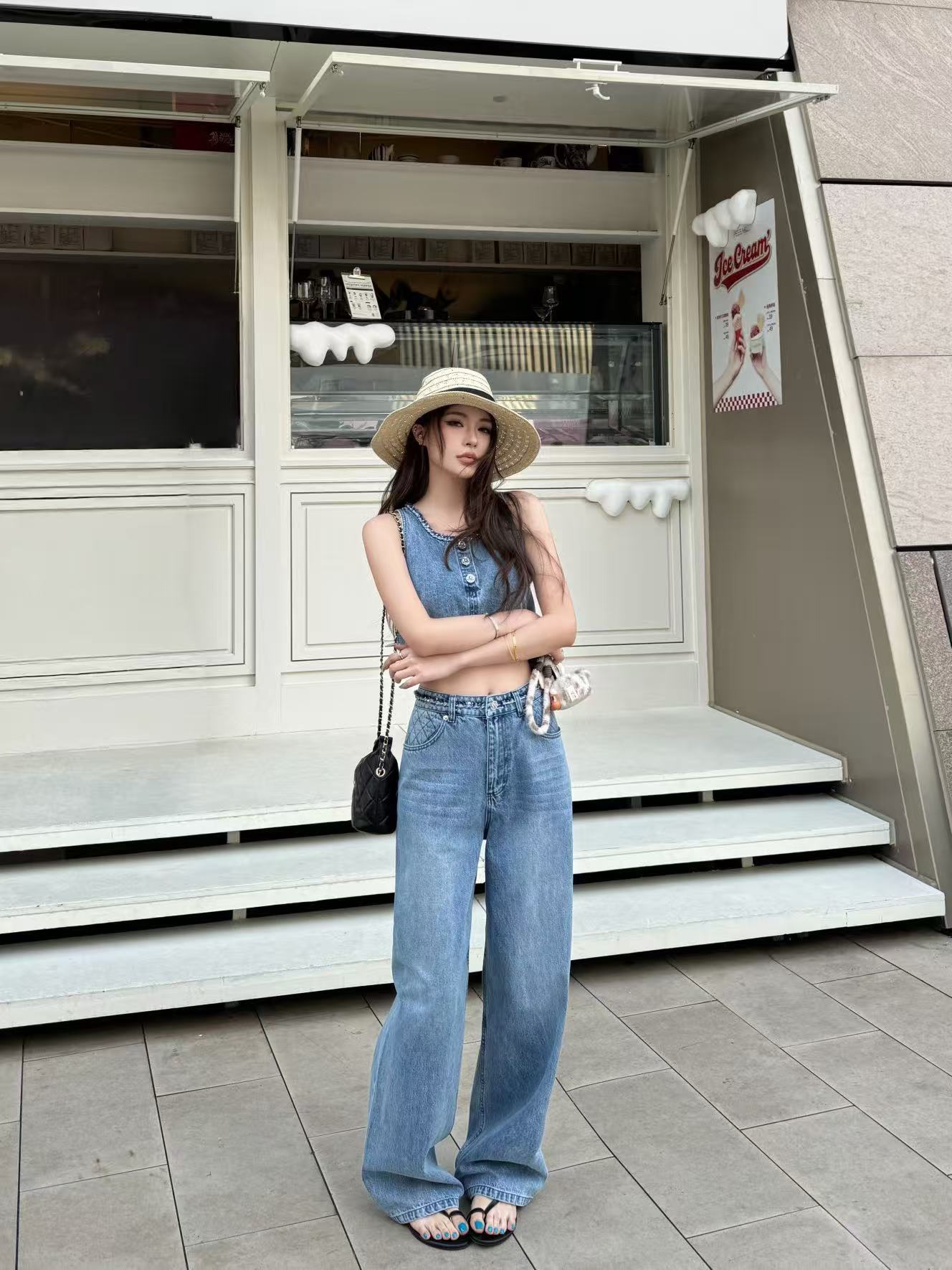 CHANE1 デニムベスト＋パンツ ツーピースセット【50％割引+送料無料】