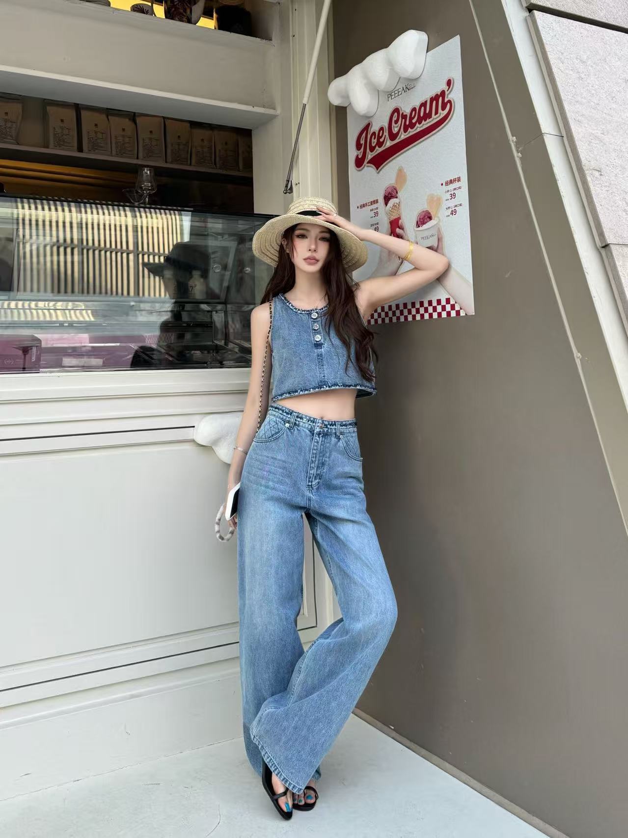 CHANE1 デニムベスト＋パンツ ツーピースセット【50％割引+送料無料】