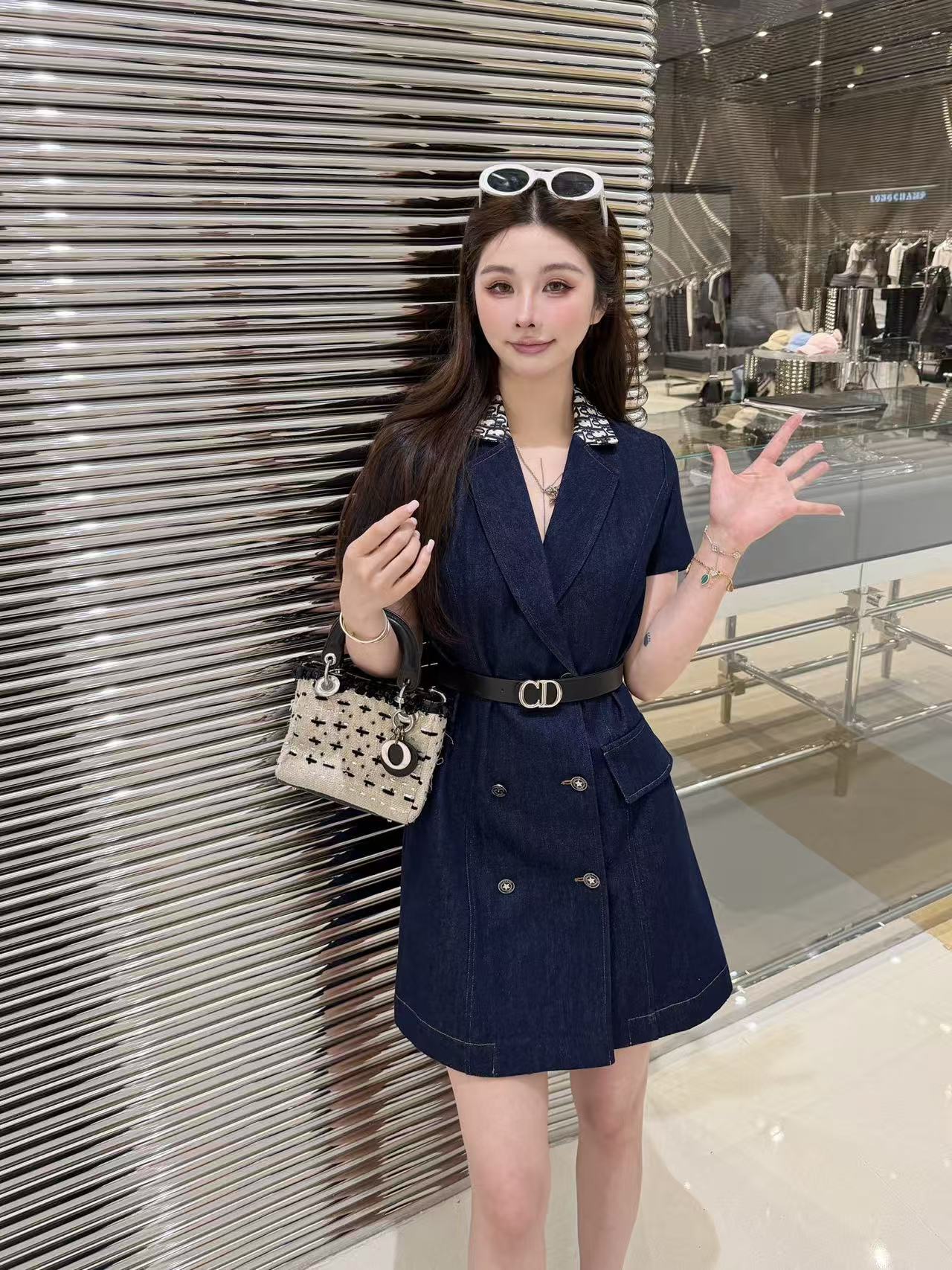 DIOR Vネック 半袖デニムワンピース【50％割引+送料無料】