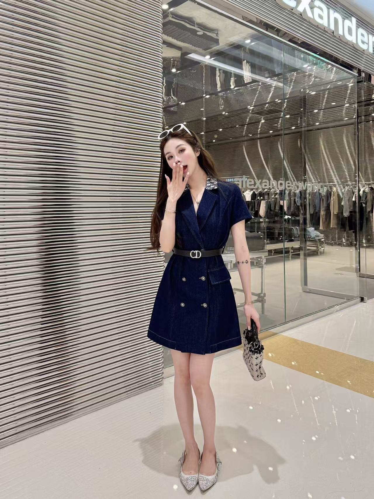 DIOR Vネック 半袖デニムワンピース【50％割引+送料無料】