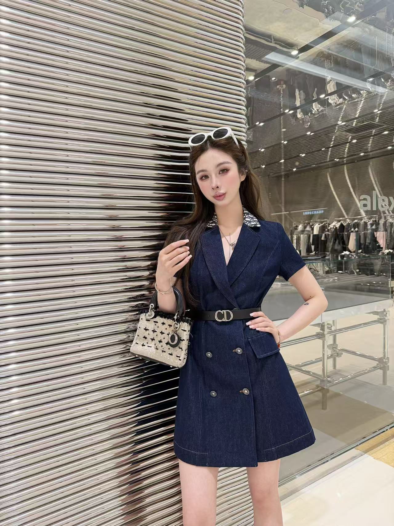 DIOR Vネック 半袖デニムワンピース【50％割引+送料無料】