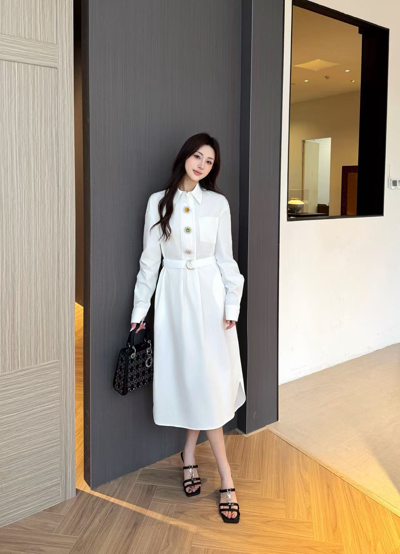 LV 高品質パールボタン付き長袖ワンピース【50％割引+送料無料】