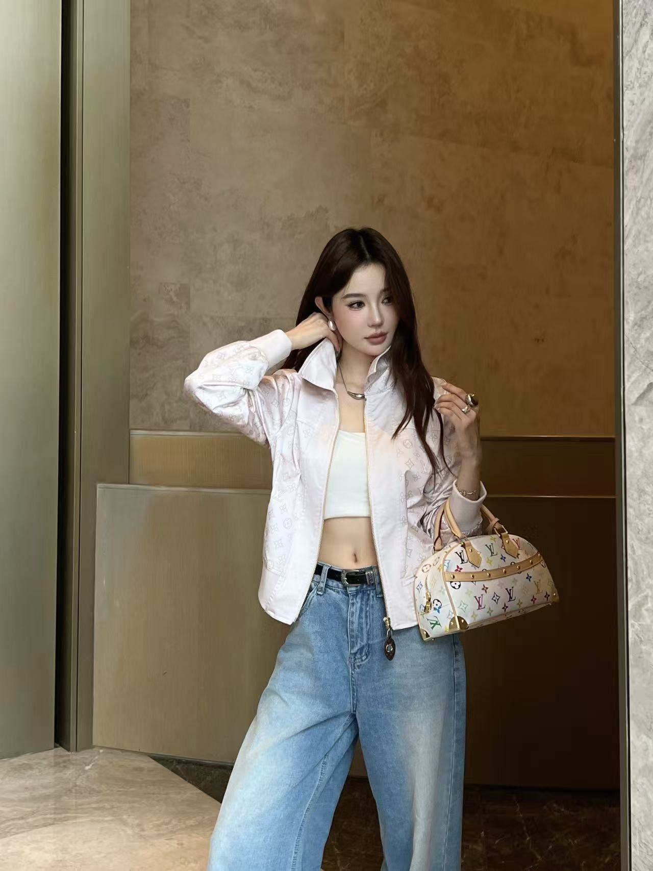 LV 高品質プリント ジップアップ襟付きジャケット【50％割引+送料無料】