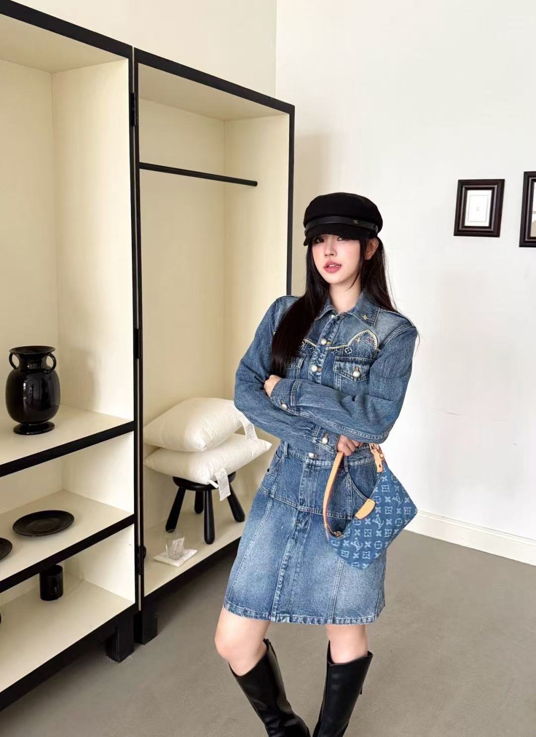 LV 花柄刺繍ポケット デニムワンピース【50％割引+送料無料】