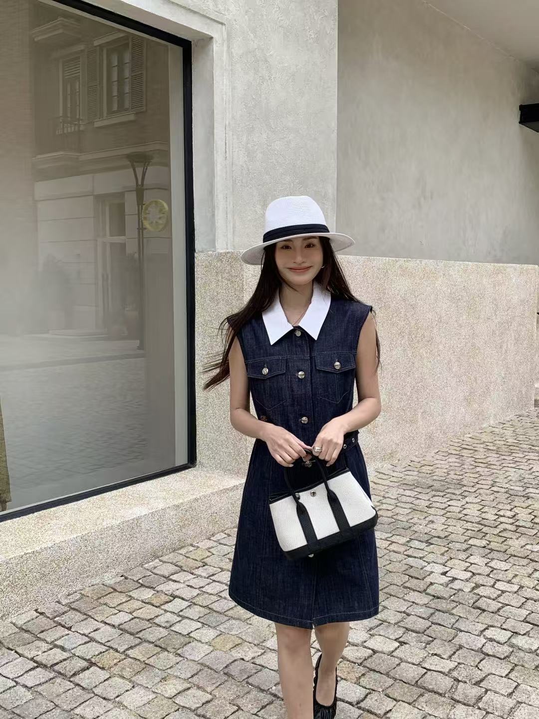 CEL1NE 襟付きボタンダウンデニムノースリーブドレス【50％割引+送料無料】