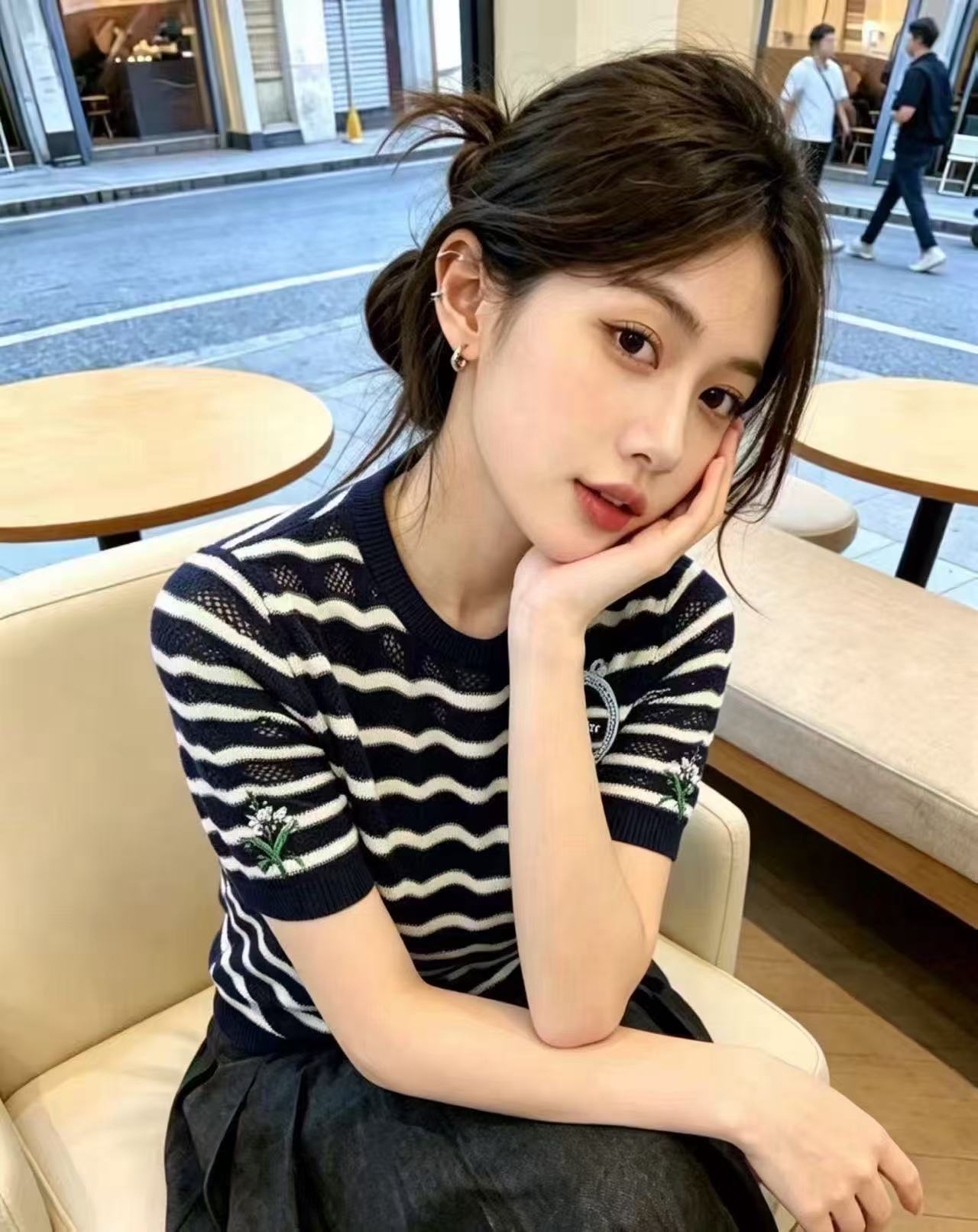 DI0R刺繍文字入りウールストライプTシャツ【50％割引+送料無料】