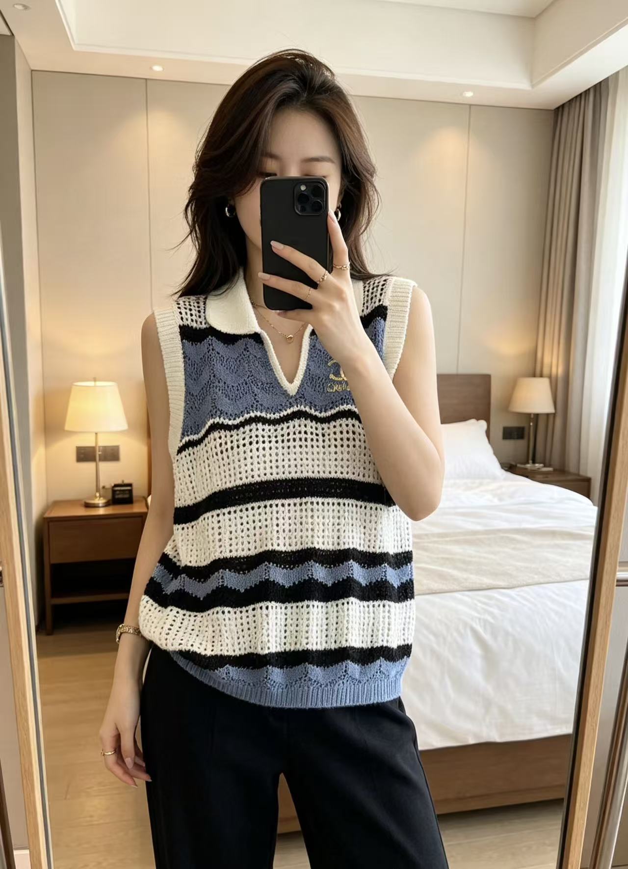 CHANE1 ストライプ刺繍入りゴールド糸ウールセーター【50％割引+送料無料】