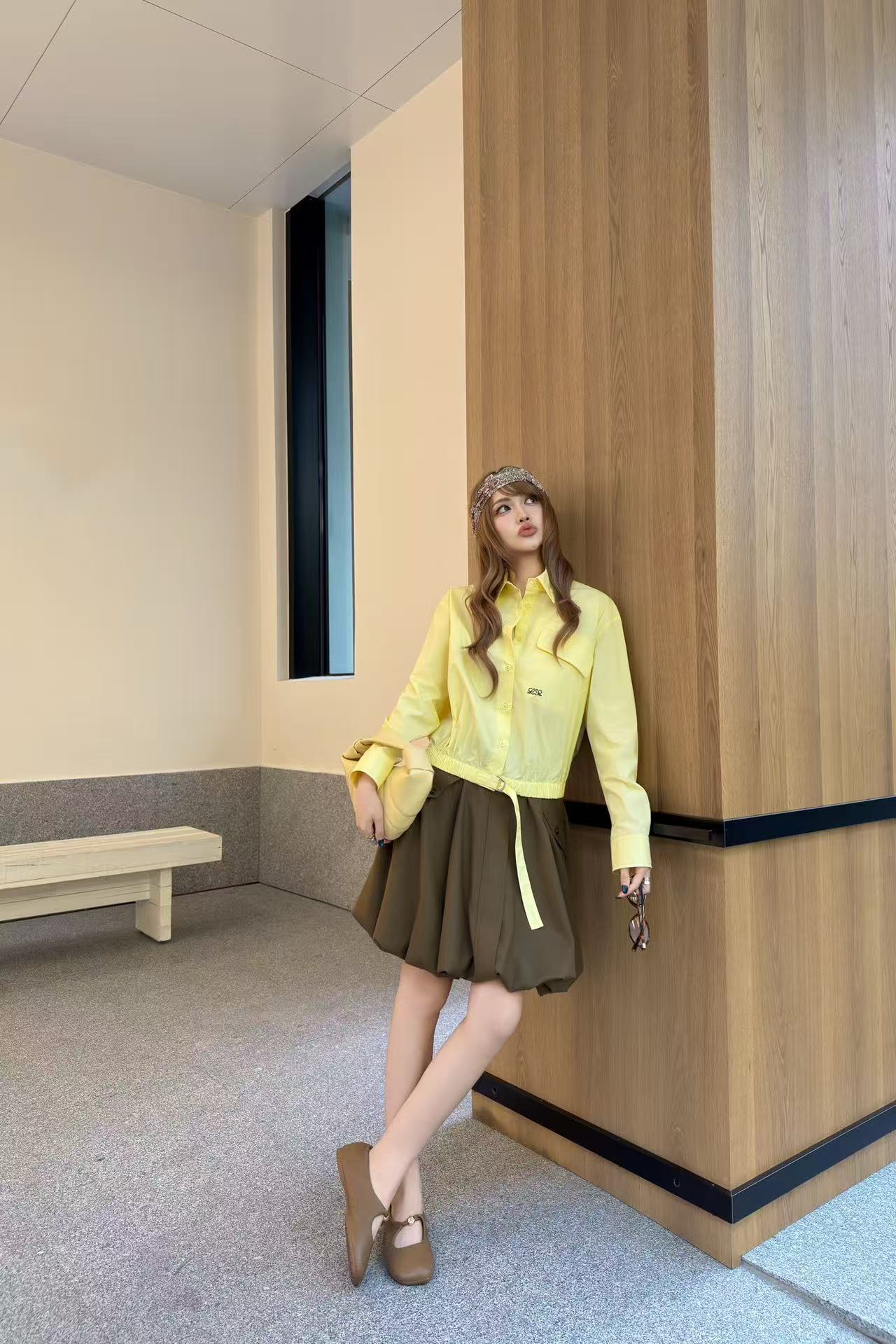 L0WEW ウエストゴム入りシャツ＋スカート ツーピースセット【50％割引+送料無料】