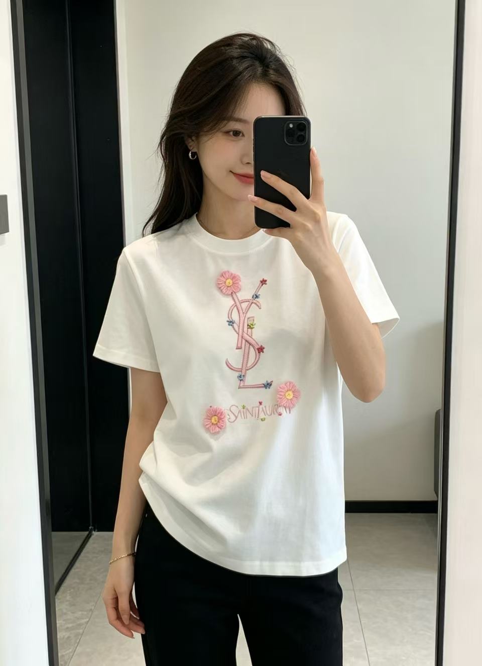 YSL刺繍ロゴ入りフラワーTシャツ【50％割引+送料無料】