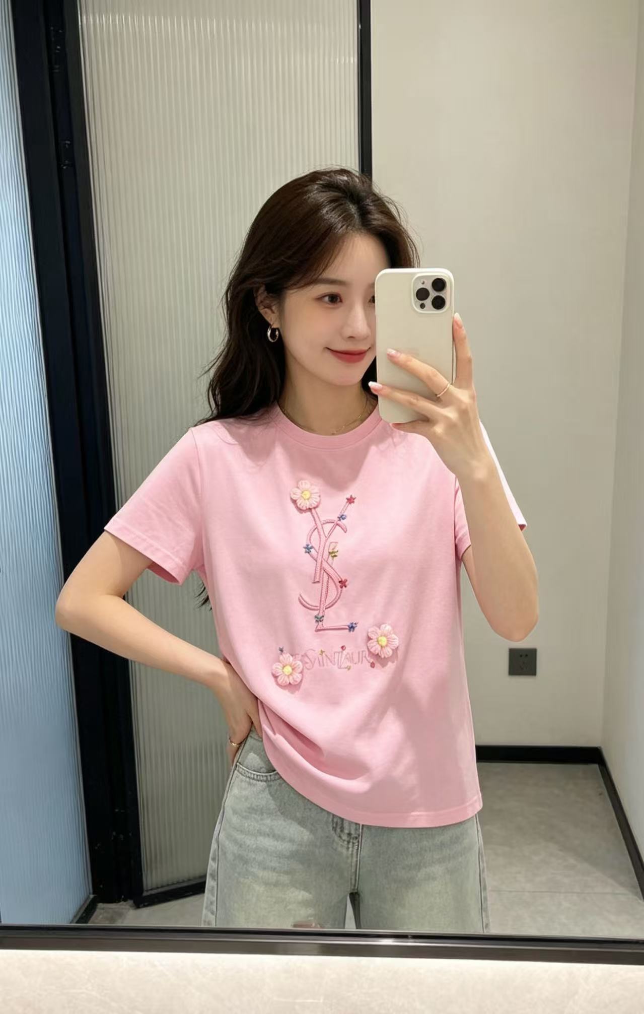 YSL刺繍ロゴ入りフラワーTシャツ【50％割引+送料無料】