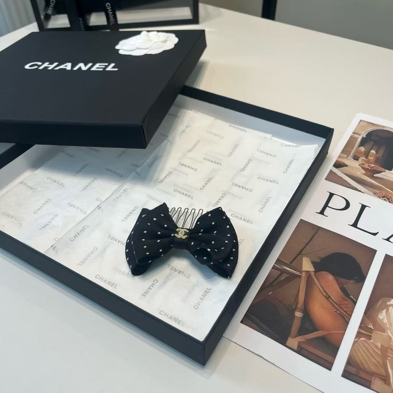CHANE1 ダブルC ドットリボンヘアクリップ【50％割引+送料無料】