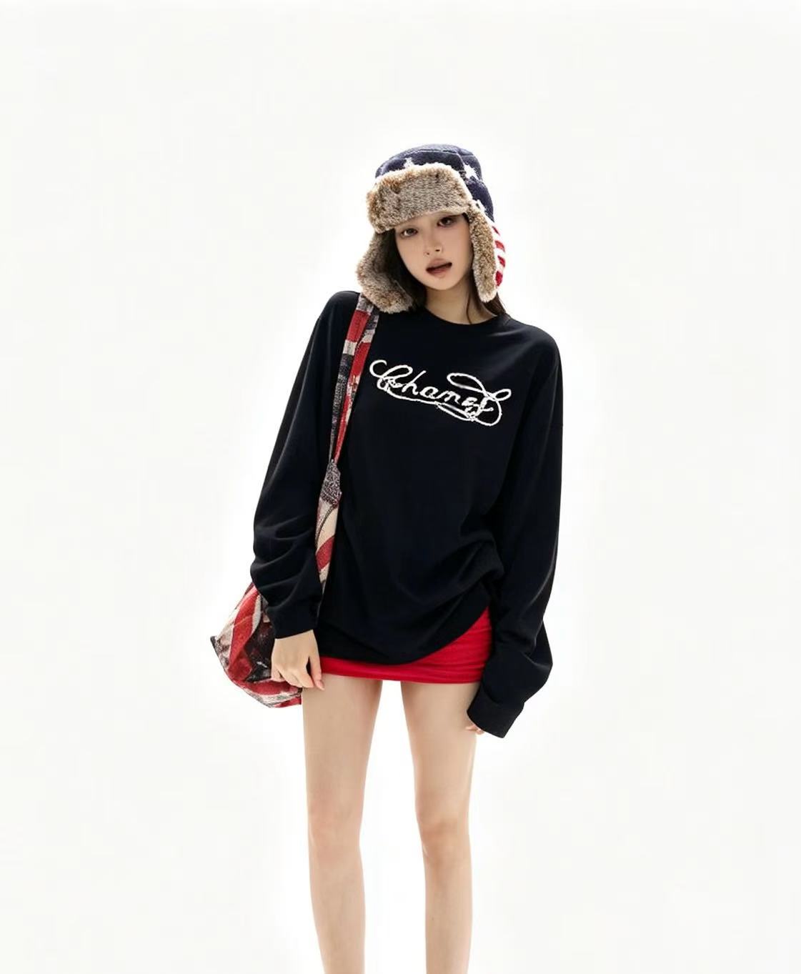 CHANE1 刺繍ビーズ文字入り長袖Tシャツ【50％割引+送料無料】