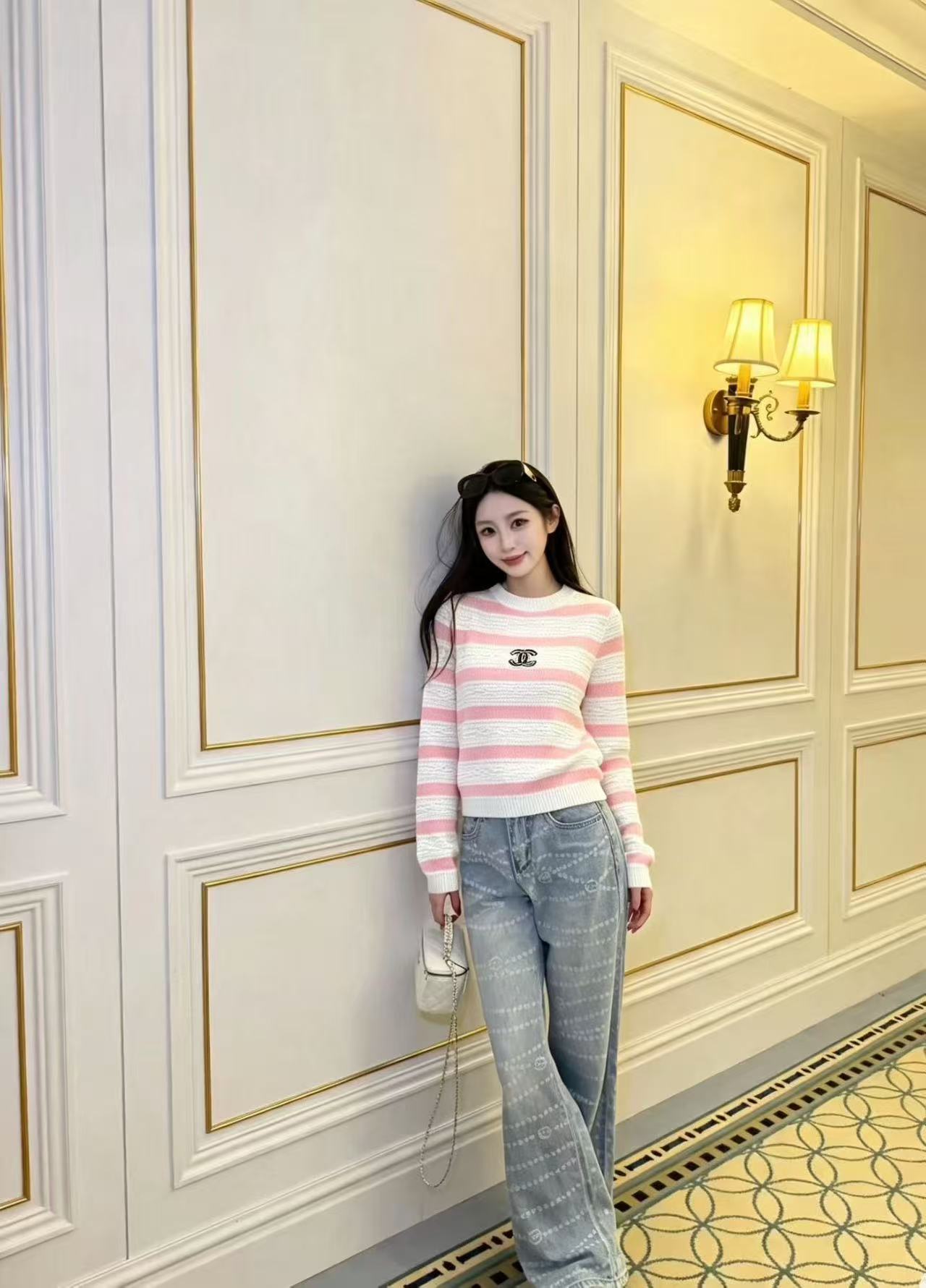 CHANEL ダブルC ストライプ柄ウールセーター【50％割引+送料無料】
