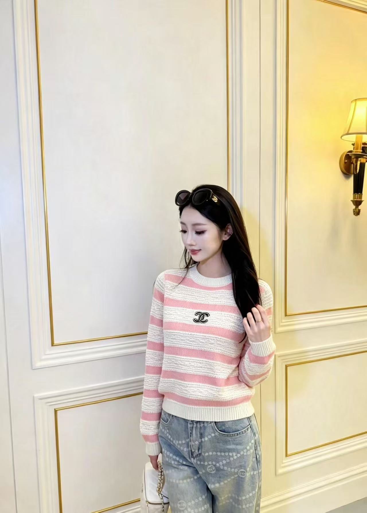 CHANEL ダブルC ストライプ柄ウールセーター【50％割引+送料無料】