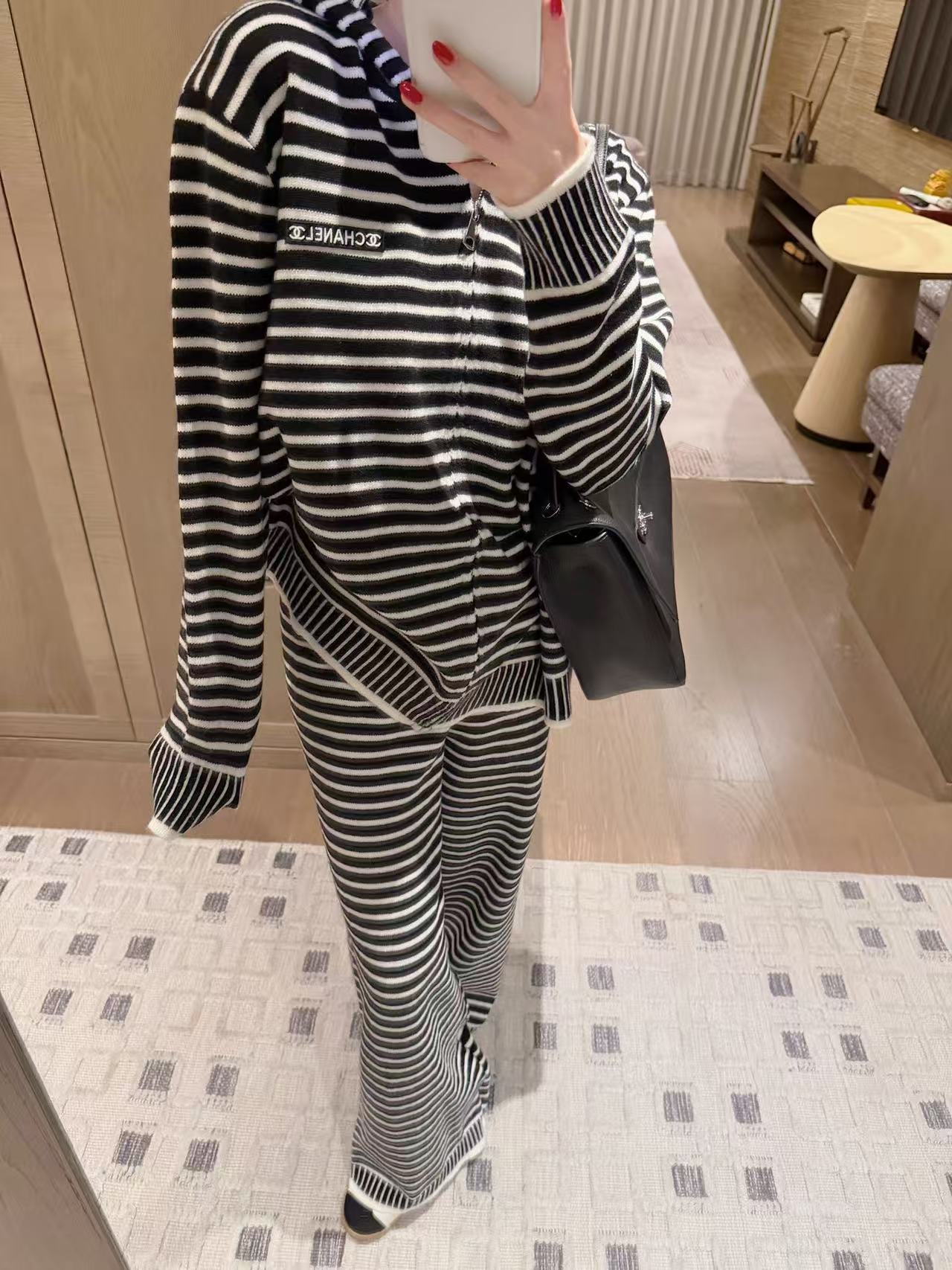 CHANE1 ダブルCストライプウールカーディガン＋パンツ ツーピースセット【50％割引+送料無料】