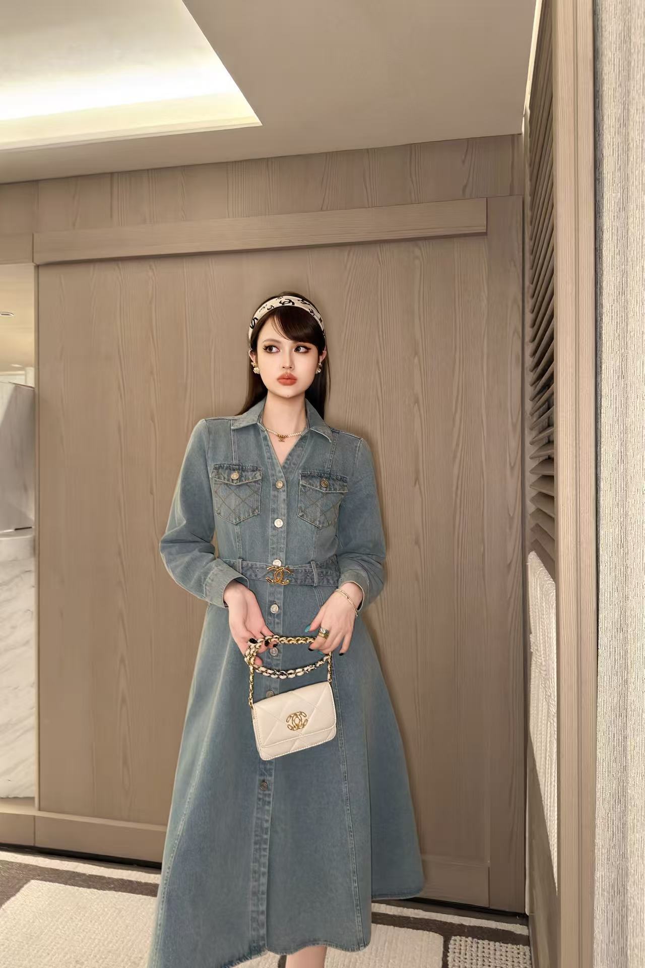 CHANEL ダブルC デニム長袖ワンピース【50％割引+送料無料】