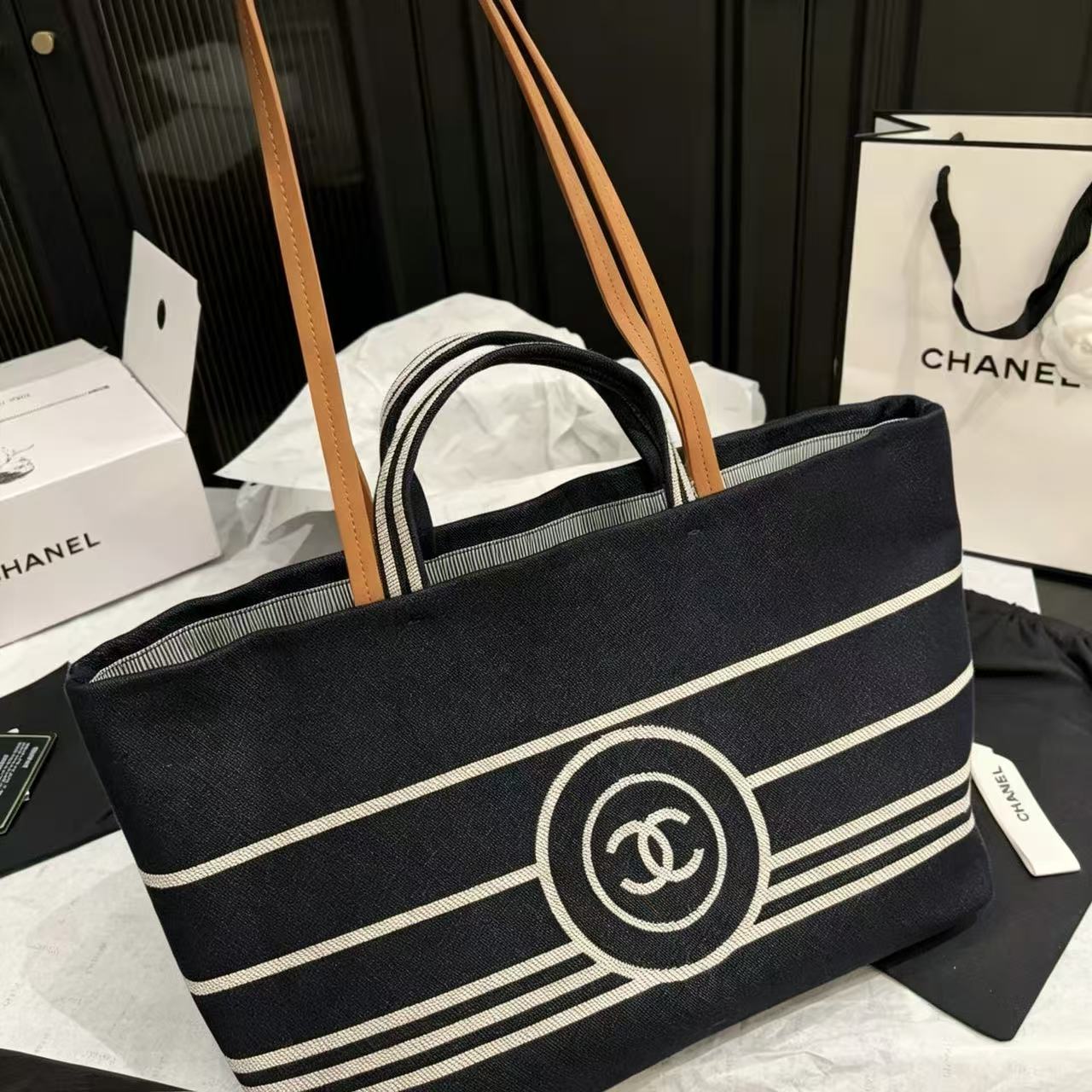 CHANE1 ダブルCストライプトートバッグ【50％割引+送料無料】