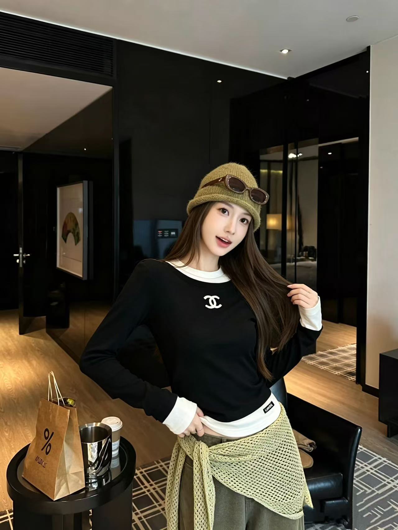 CHANE1 ダブルC カラーブロック 長袖Tシャツ【50％割引+送料無料】