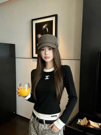 CHANE1 ダブルC カラーブロック 長袖Tシャツ【50％割引+送料無料】