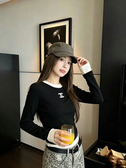 CHANE1 ダブルC カラーブロック 長袖Tシャツ【50％割引+送料無料】
