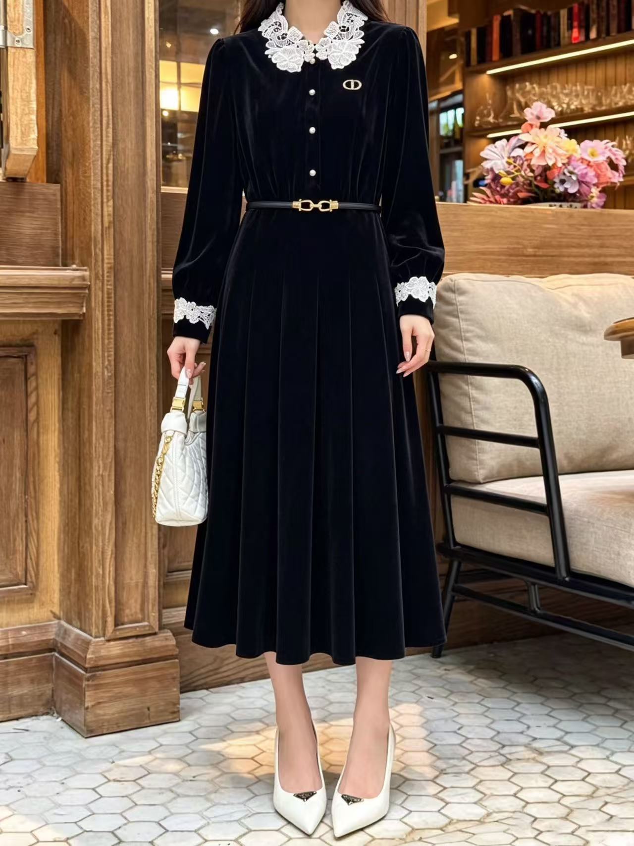 DIOR CD ベロア長袖ワンピース【50％割引+送料無料】