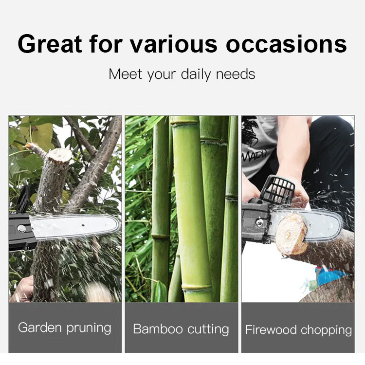 German-made high-power electric chainsaw, powerful motor, 10-year durability, lightweight and portable, one-handed operation, long battery life.