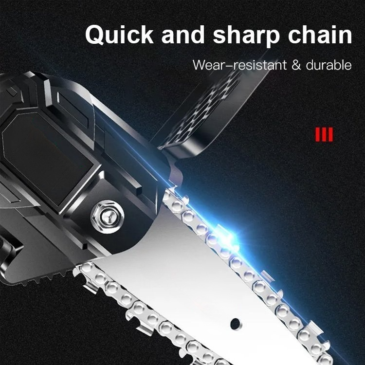 German-made high-power electric chainsaw, powerful motor, 10-year durability, lightweight and portable, one-handed operation, long battery life.