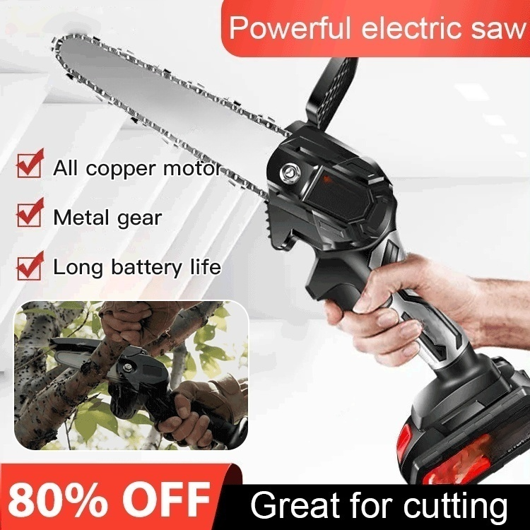 German-made high-power electric chainsaw, powerful motor, 10-year durability, lightweight and portable, one-handed operation, long battery life.