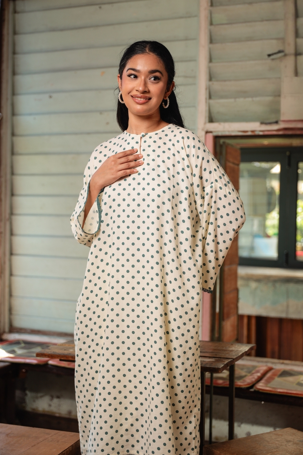 KURONG RAHIMAH - POLKA WHITE TEAL 
