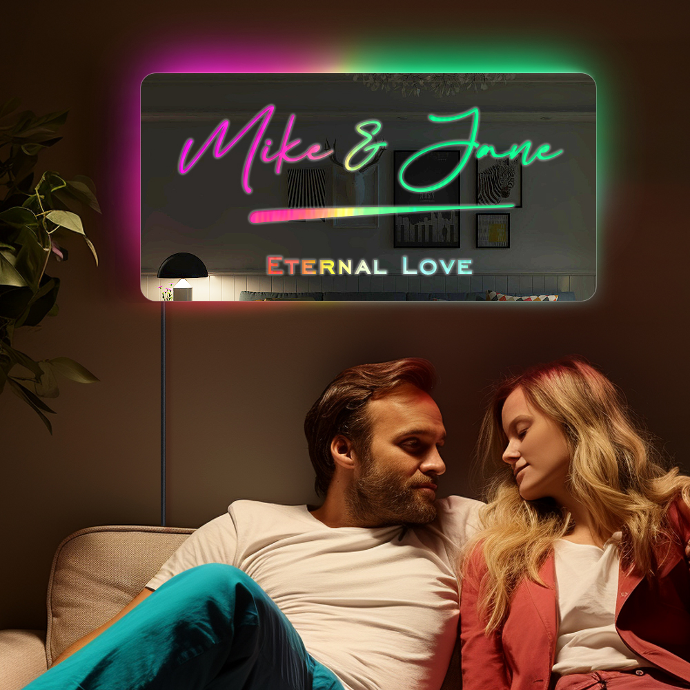 اسم مخصص مرآة تسجيل نص مخصص Led متعدد الألوان تضيء الجدار الشنق علامات النيون ديكور المنزل هدية للزوجين - 