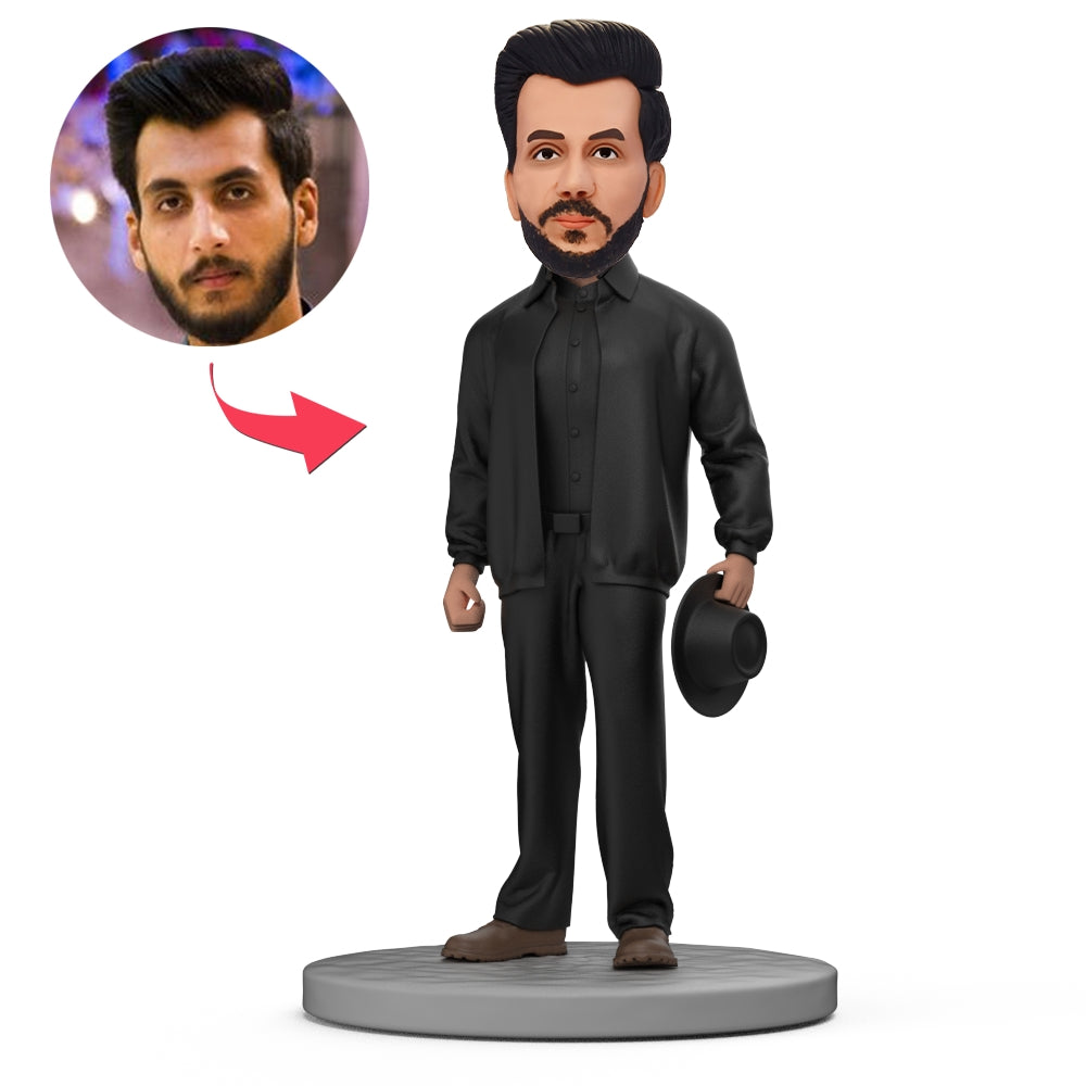 رجل سترة سوداء مع قبعة الرامى Bobblehead مخصص مع نص محفور - 