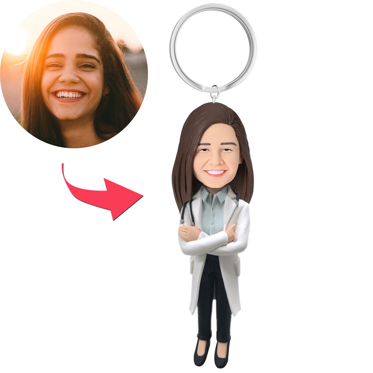 طبيبة ترتدي معطف المختبر مع سماعة الطبيب Bobblehead المخصصة مع سلسلة مفاتيح نصية محفورة - 