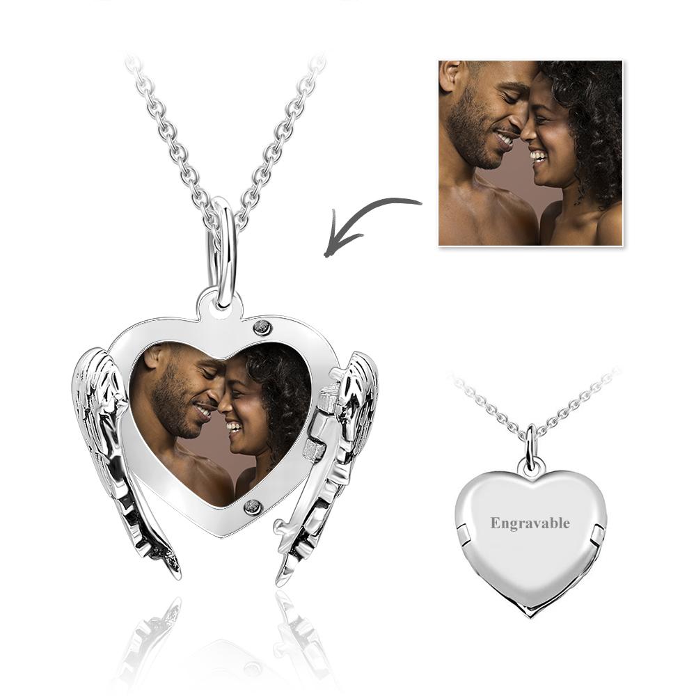 قلادة مدلاة للصور قابلة للنقش على شكل قلب وأجنحة الملاك هدايا عيد الحب - 