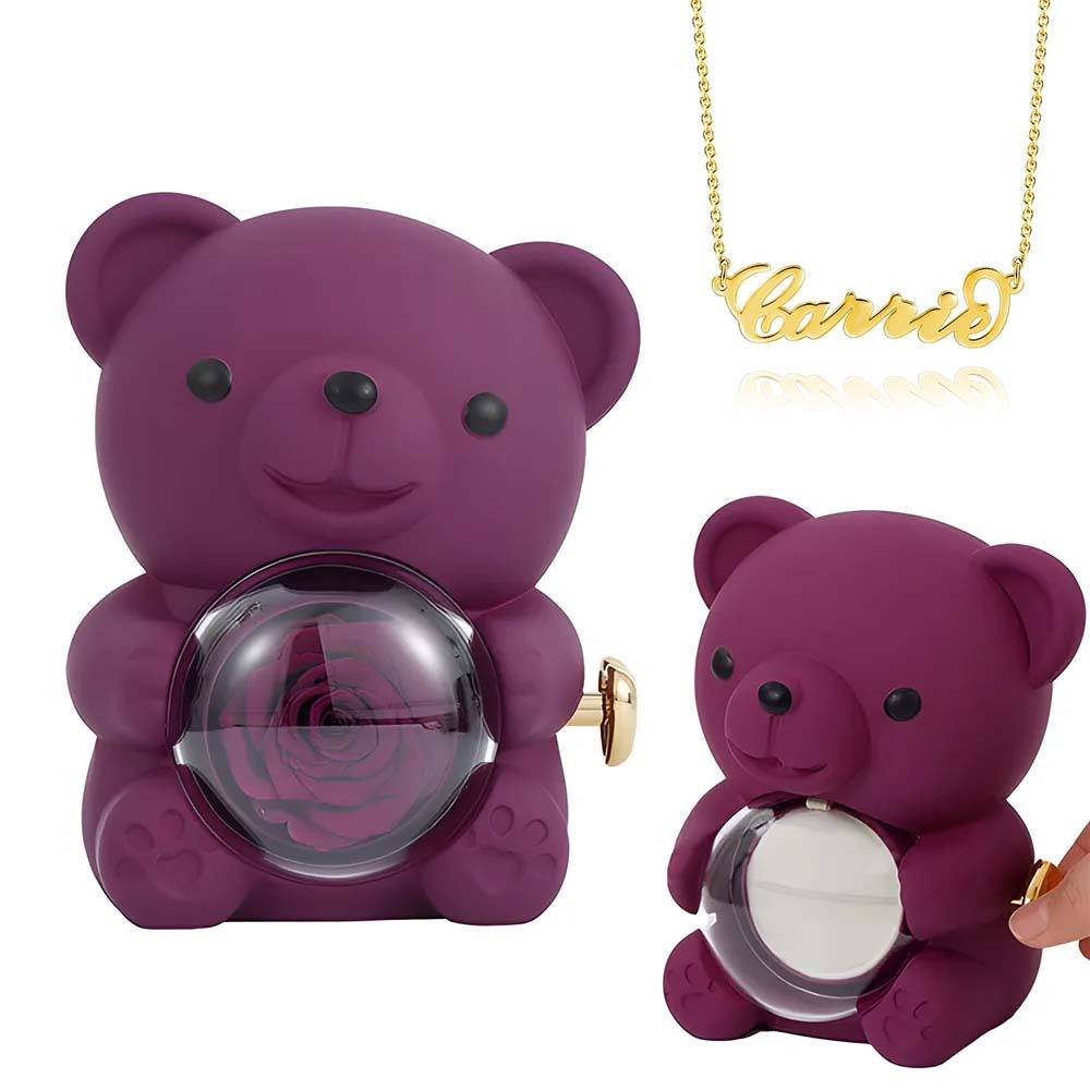 قلادة اسم مخصص مع صندوق هدايا الدب الوردي الحقيقي صندوق هدايا على شكل قلادة صندوق هدايا مجوهرات - 