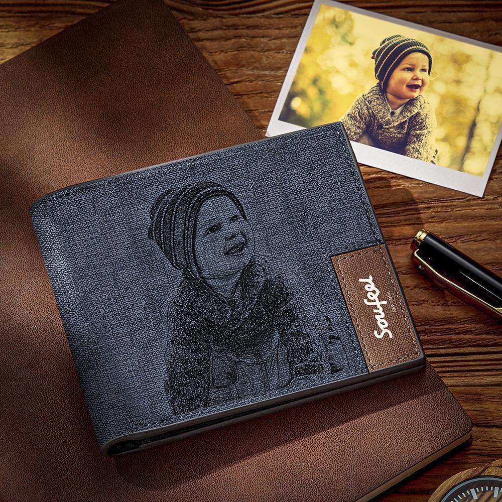 محفظة رجالية ثنائية الطي مخصصة محفورة بالصور هدايا عيد الميلاد - جلد أزرق - 