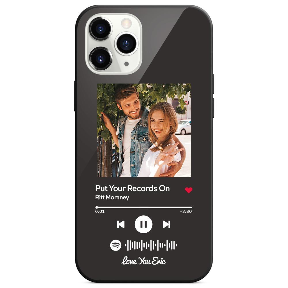 جراب iPhone مخصص لموسيقى Spotify مع نص قابل للمسح وأغنية موسيقية مخصصة محفورة من الزجاج المقوى - أسود