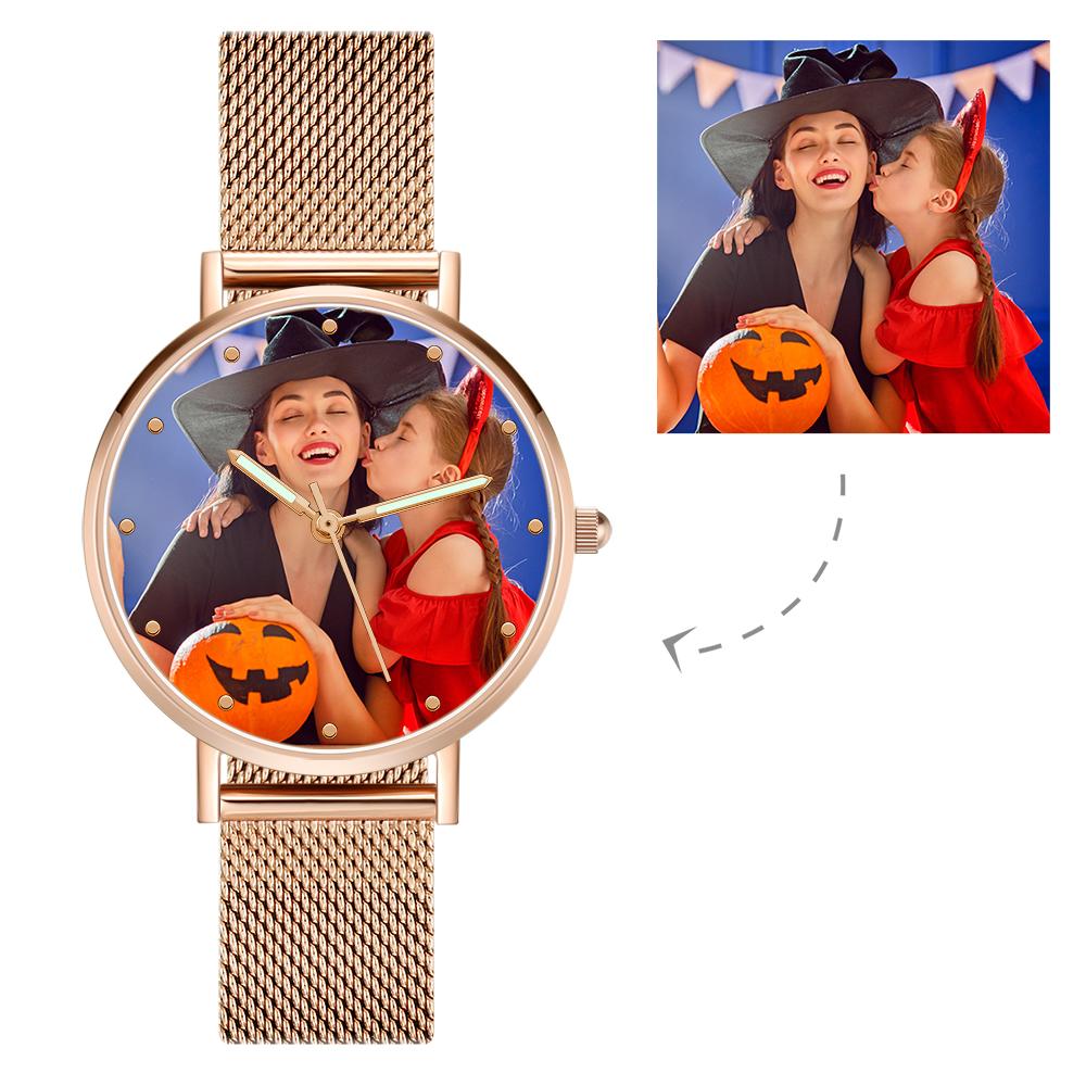 ساعة صور منقوشة مع مؤشر مضيء وسوار من خليط معدني ذهبي وردي مقاس 40 ملم - 