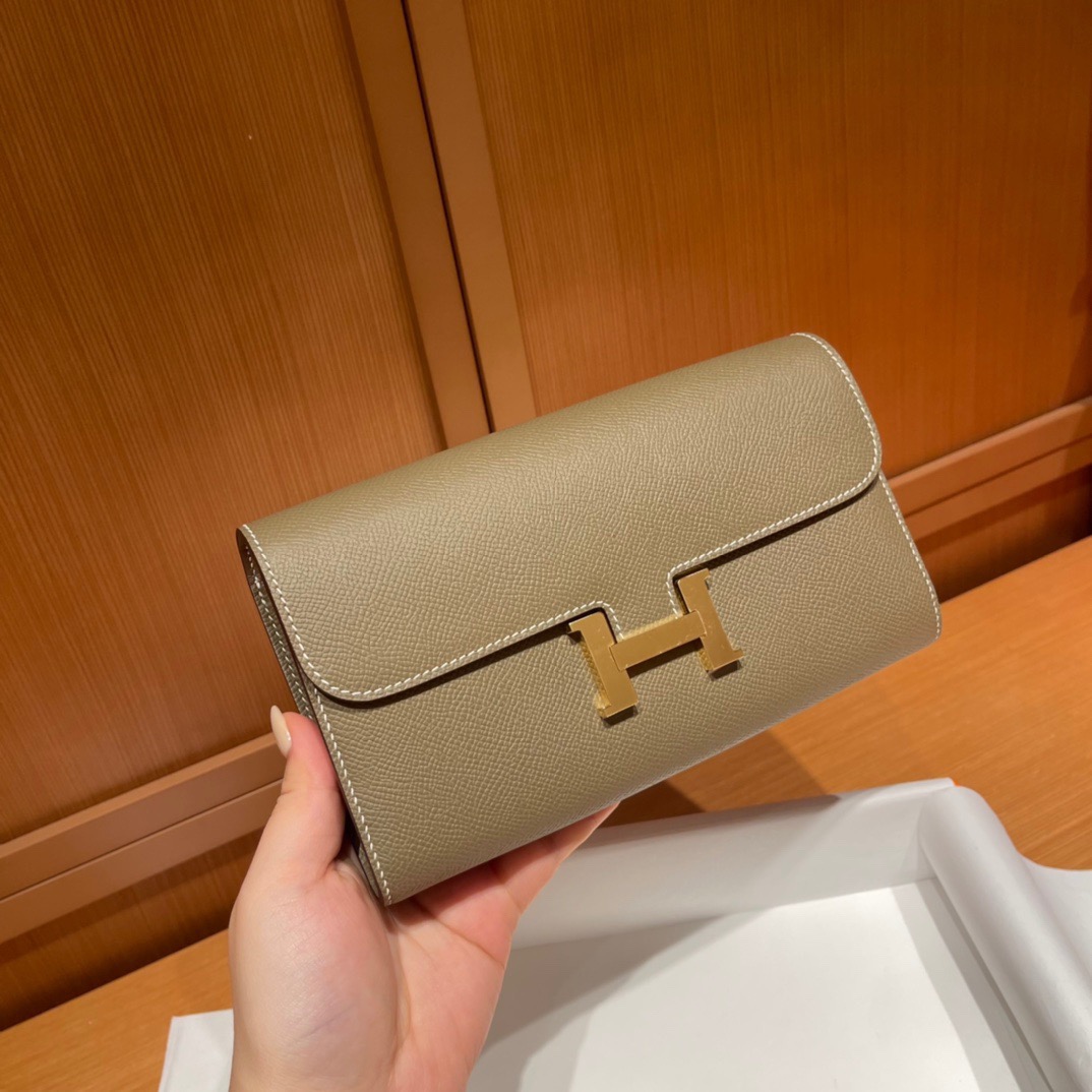 HERMES Constance To Go バックル付きシルバーエプソン牛革クラッチウォレットカードケース