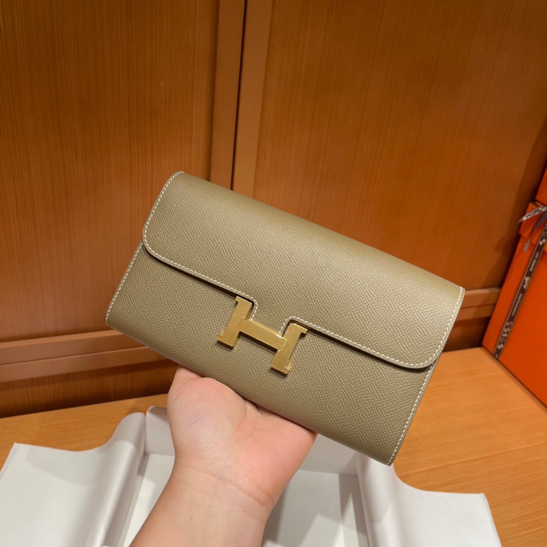 HERMES Constance To Go バックル付きシルバーエプソン牛革クラッチウォレットカードケース