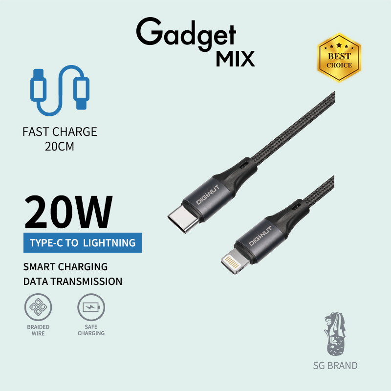 Gadget MIX Diginut BC-0203C Type-C To Type-C/BC-0203L Lightning Fast Charging Cable 60W/20W 20cm Black