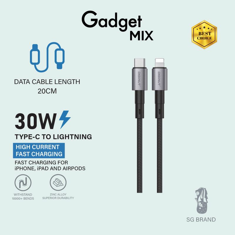 Gadget Mix Diginut BC-0221L Type-C To Lightning Data Cable 30W 20cm Black