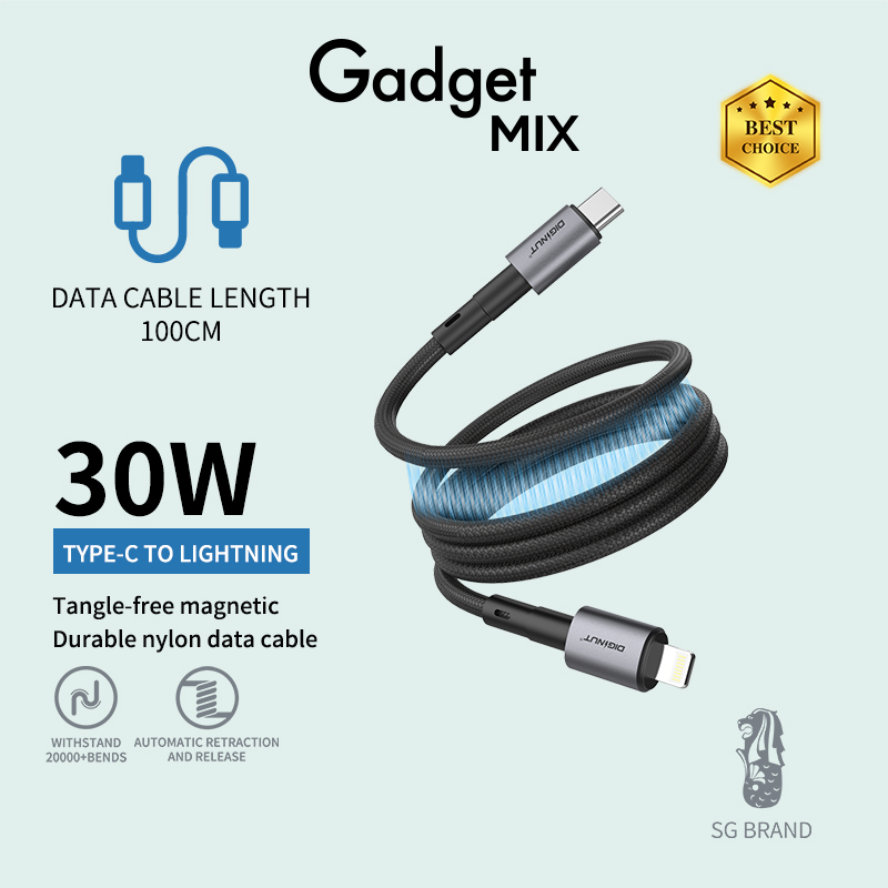 Gadget MIX Diginut BC-1021C Type-C To Type-C Magnetic Data Cable 60W 1M Grey/ BC-1021L Type-C To Lightning Magnetic Data Cable 30W 1M Grey