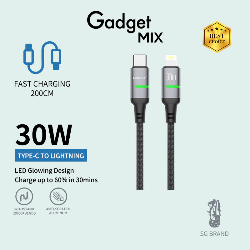 Gadget MIX Diginut BC-2025L Type-C To Lightning/ BC-2025C Type-C To Type-C/ LED Glowing Data Cable 30W/60W 2M Grey