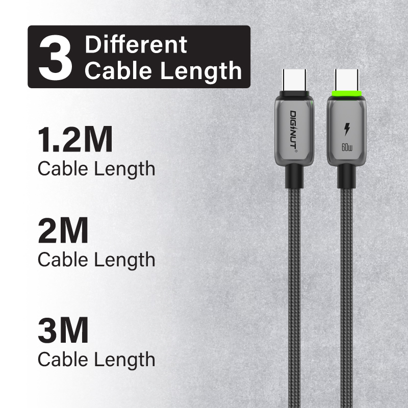 Diginut BC-1237C/BC-2037C/BC-3037C Type-C To Type-C Zinc Alloy Data Cable 60W 1.2M Grey