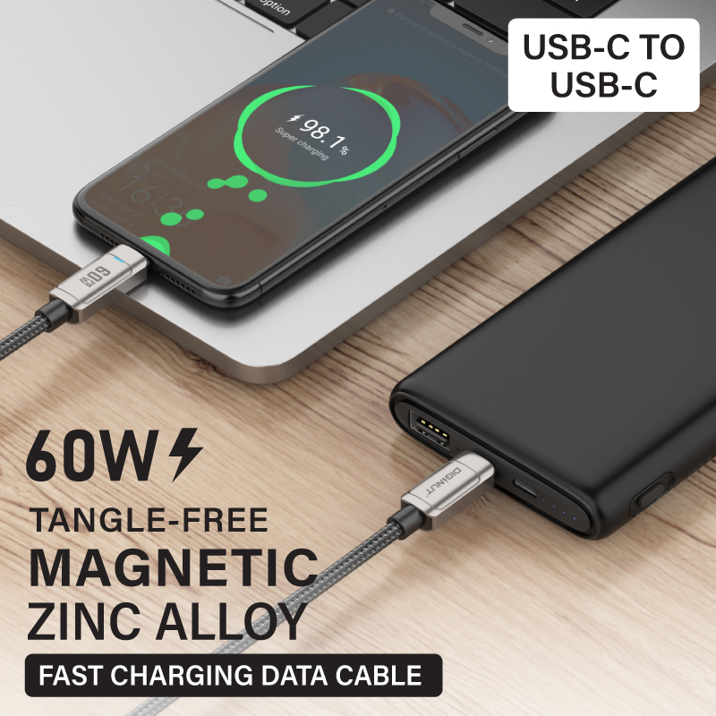 Diginut BC-1250C/BC-2050C Type-C To Type-C Zinc Alloy Magnetic Data Cable 60W1.2M/2M Grey