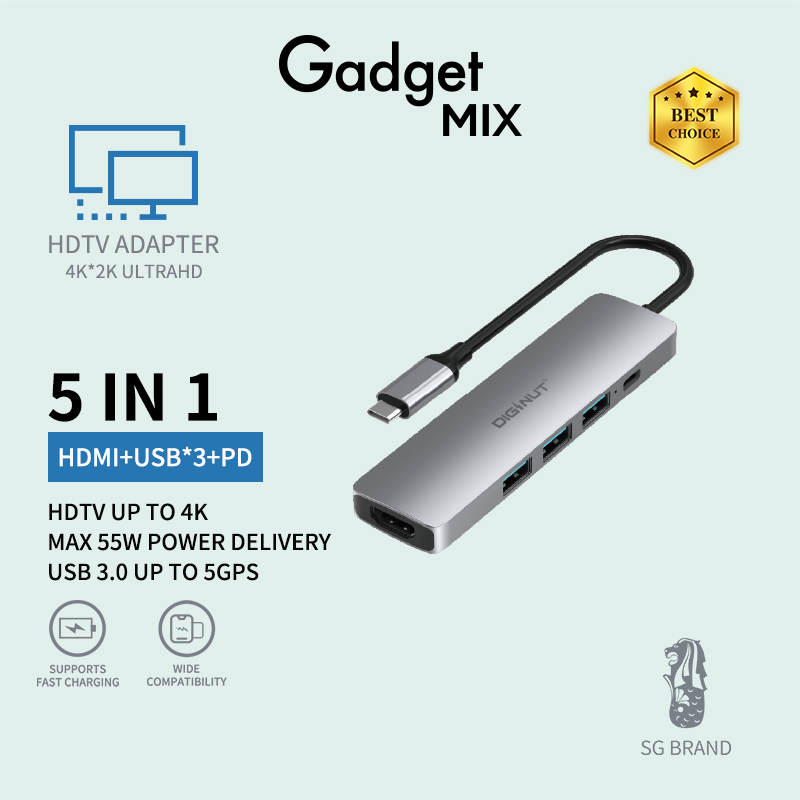 Gadget MIX Diginut DA-19 5IN1 Type-C Hub+HDMI 4K Resolution/ HDMI 1.4*1+PD*1+ USB*3/ Wide Compatibility