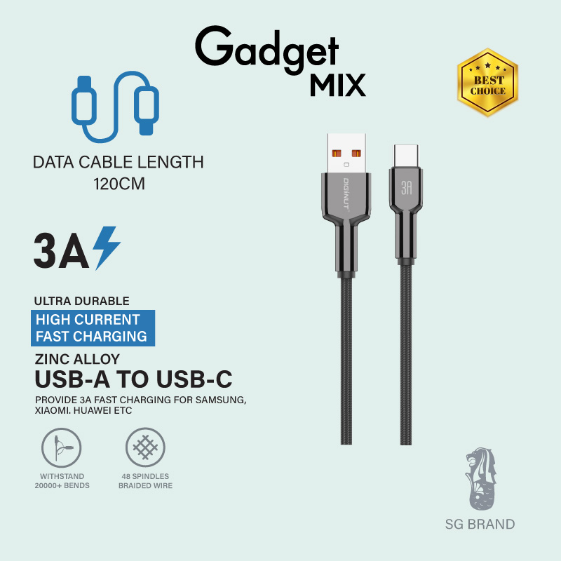 Gadget Mix Diginut BA-1239C USB-A To Type-C/BC-1239C Type-C To Type-C Zinc Alloy Data Cable 3A 1.2M Grey