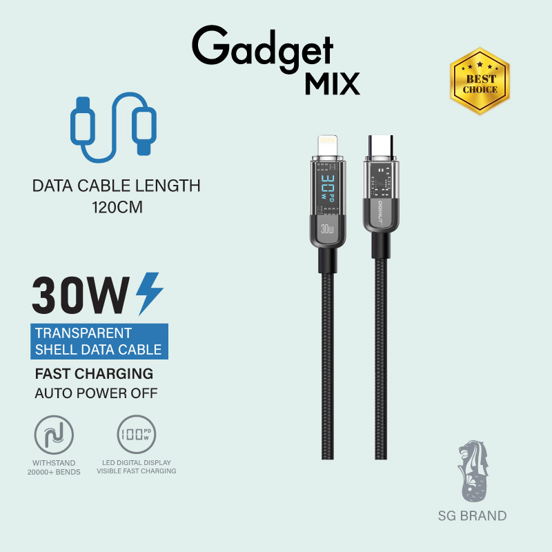 Gadget Mix Diginut BC-1230L Type-c To L 30W / BC-1230C Type-C To Type-C 100W 1.2M Black Intelligent Auto Power Off cable